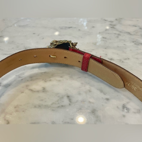 Ostrich Skin belt with Gold Lion Buckle, red, 31”L, EUC - Picture 5 of 12